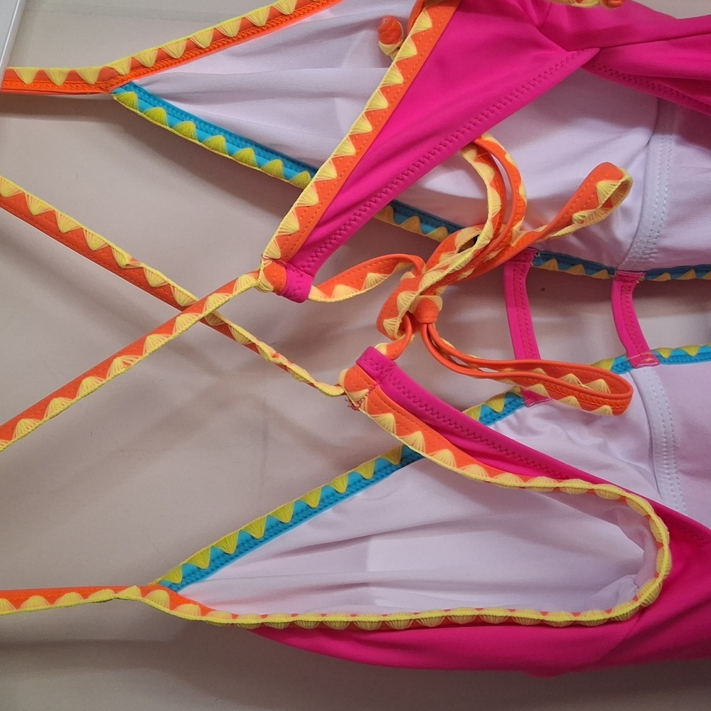 Nwt Popvil One Piece Swimsuit Women XXL Tie Strappy Back Tummy Control Neon Pimj - Picture 7 of 10